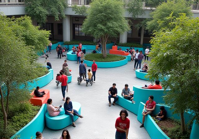 A community gathering in a modern urban park