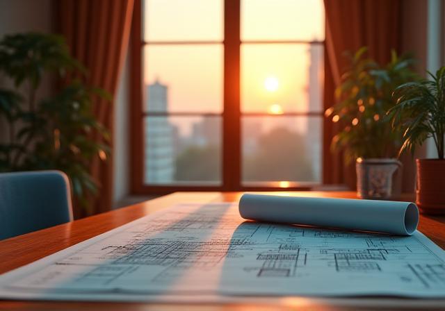 Warm office workspace with architectural sketches and maps