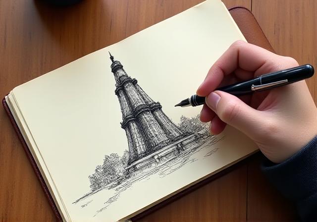 An artist's hand sketching a historical Delhi tomb in a visual diary