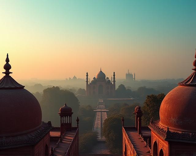 Panoramic view of Delhi's skyline blending Mughal domes and modern structures