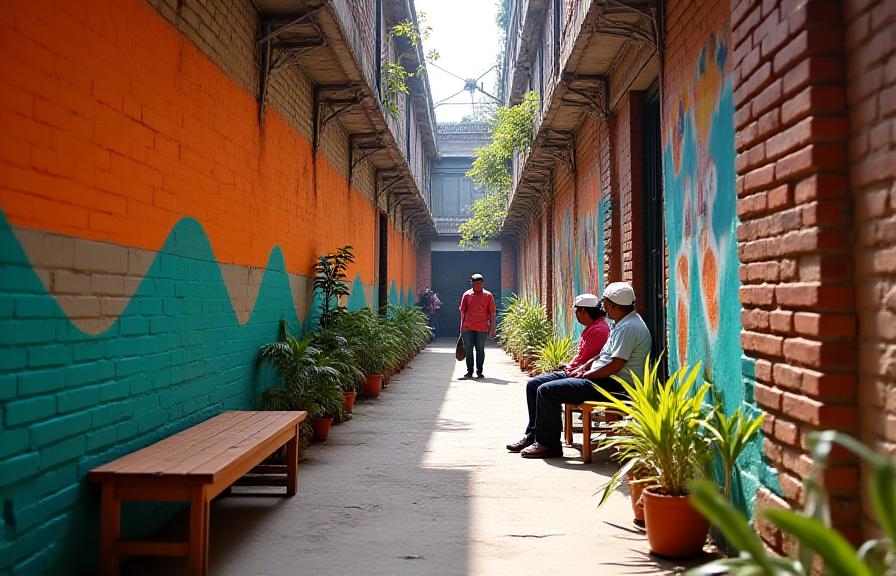 A transformed local alleyway in Delhi with colorful murals and people sitting on community benches.