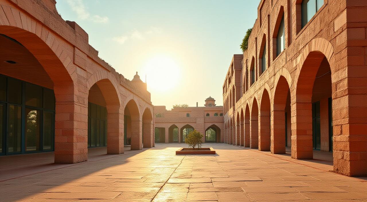 A community-centric architectural space blending traditional Indian motifs with modern design