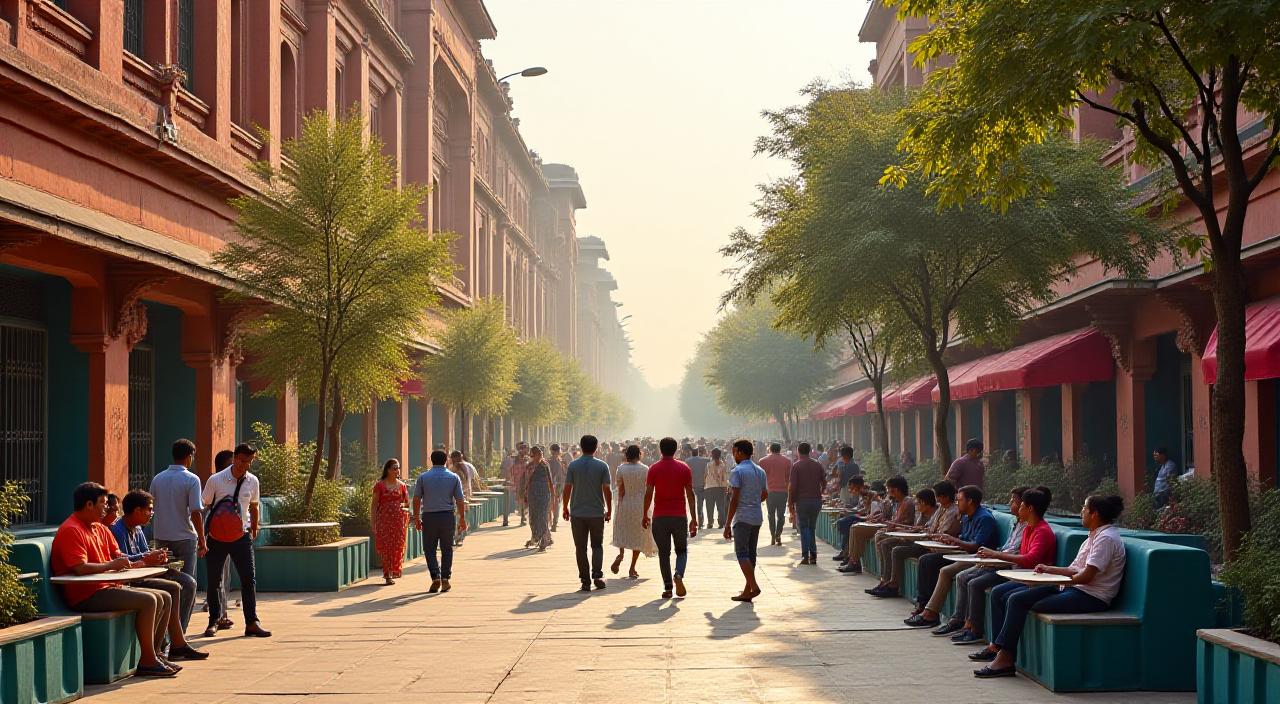 A vibrant pedestrian-friendly street in Delhi featuring traditional architecture and modern public seating.