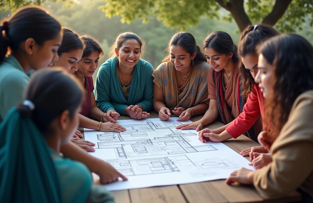 Diverse group of community members in Delhi discussing urban design plans and architectural sketches in an outdoor workshop